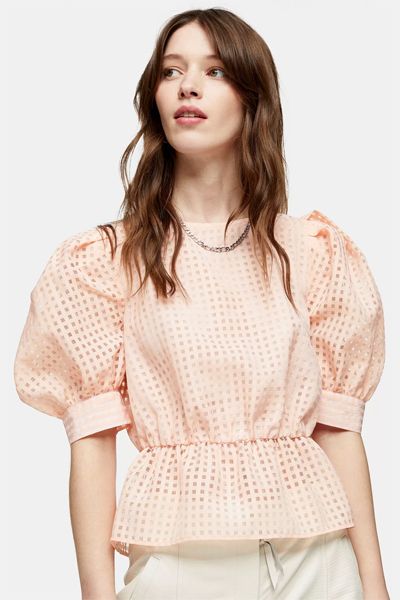 Peach Sheer Check Puff Sleeve Blouse