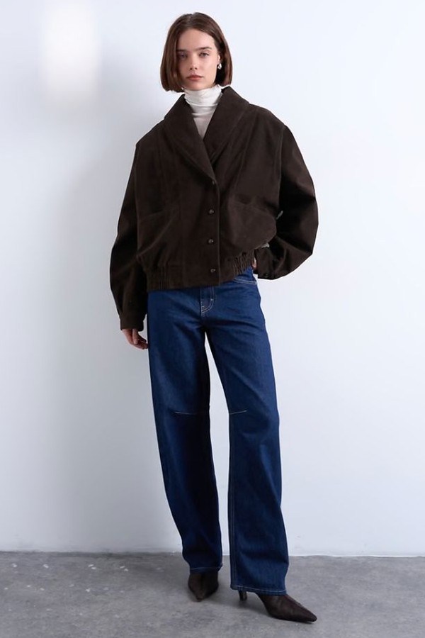 Faux Suede Shawl Bomber Jacket