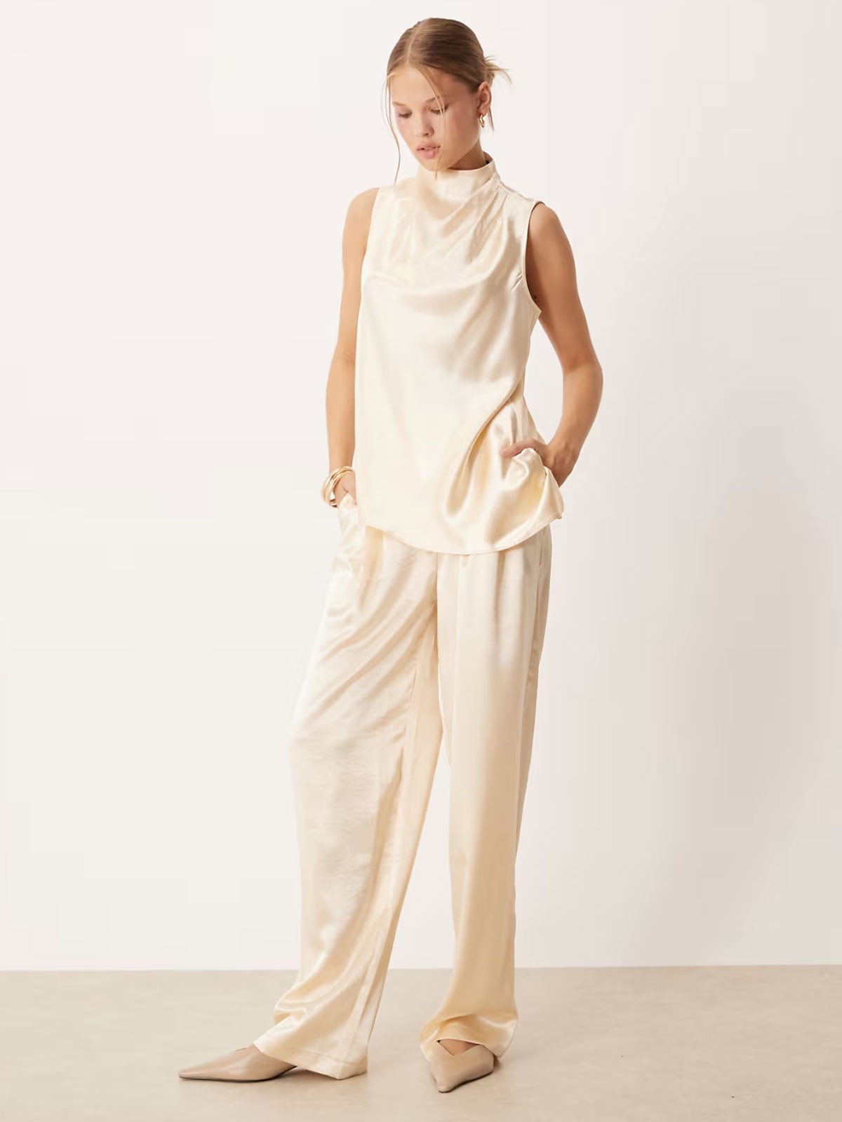 High Neck Asymmetric Satin Top & Tailored Straight Leg Satin Trousers Co-Ord from ASOS DESIGN