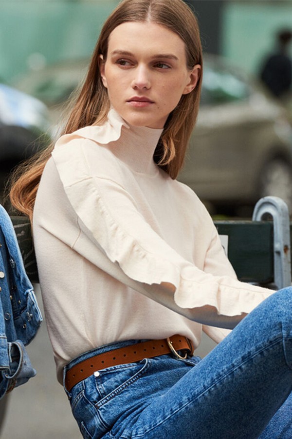 High Neck Sweater with Asymmetric Ruffle