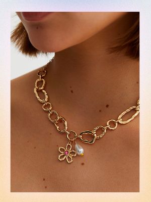 Gold Beaten Chain Flower Faux Pearl Charm Necklace, £9.99 | New Look