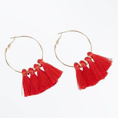 Red Tassel Hoop Bead Earrings from New Look