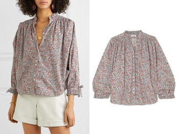 Rose Gathered Floral-Print Cotton-Poplin Blouse