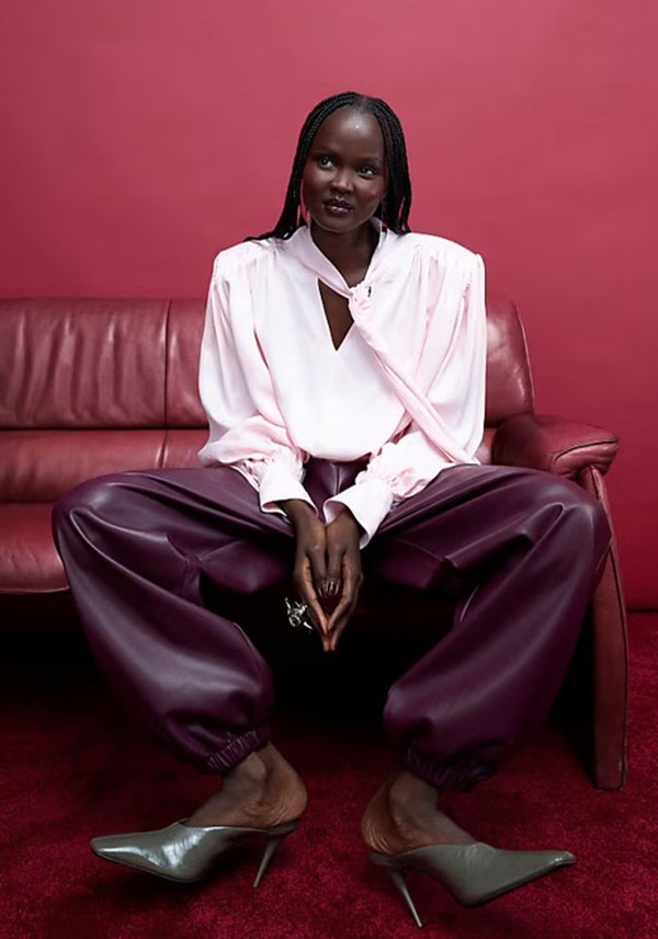 Satin Shoulder Pad Tie Neck Blouse 