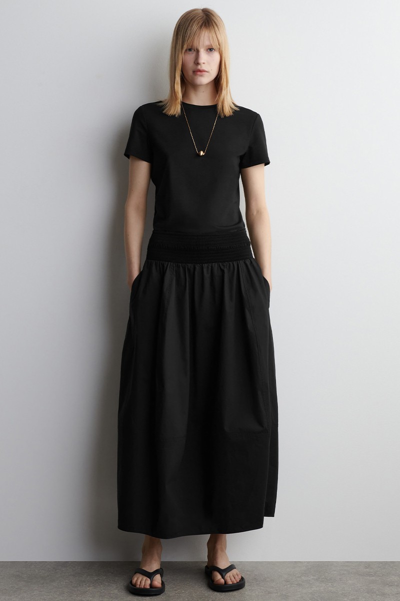 Smocked Panelled Midi Skirt