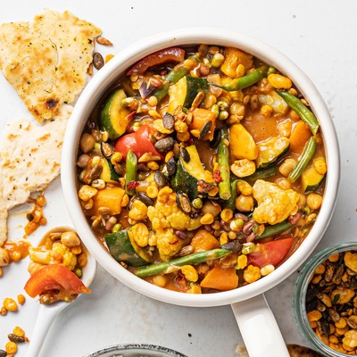 Mixed Veg Curry With Lentil Sprouts & Garlic & Chilli Topper