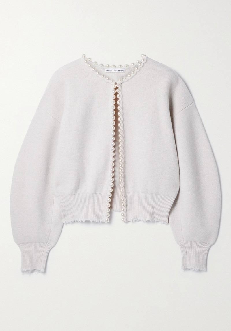 Faux Pearl-Embellished Distressed Wool-Blend Cardigan from Alexander Wang