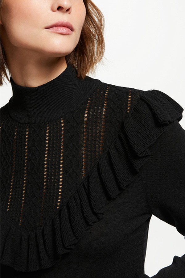 Frill Pointelle Knit Jumper, Black