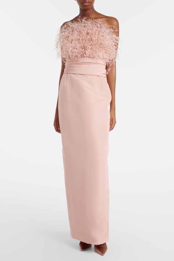 Feather-Trimmed Silk Faille Bustier Gown from Oscar De La Renta