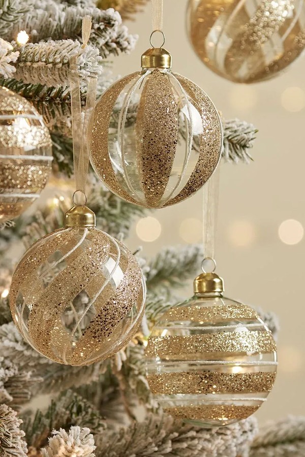 Twelve Glittered Striped Glass Baubles from Cox & Cox