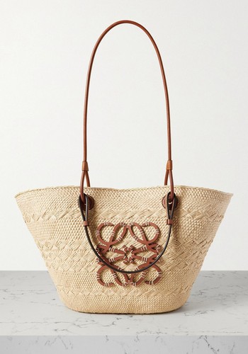 Medium Leather-Trimmed Woven Raffia Tote from Loewe