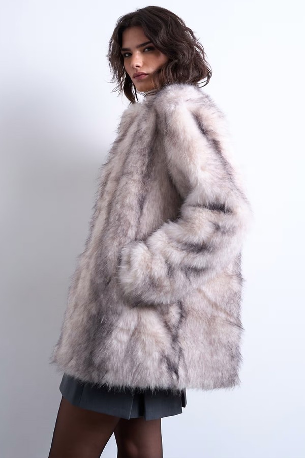 Faux Fur Collarless Mid Length Coat