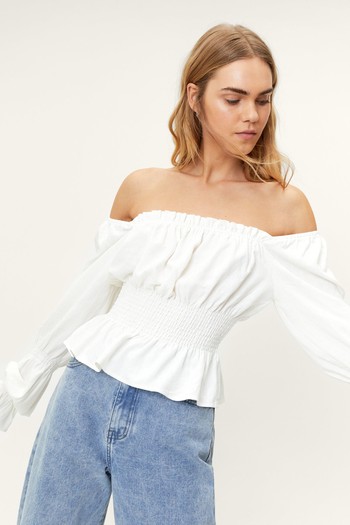 Linen Smocked Detail Long Sleeve Top