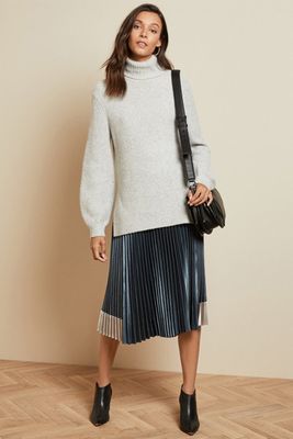  Contrast Paneled Pleated Midi Skirt