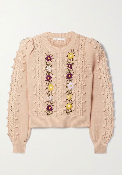 Enid Pompom-Embellished Embroidered Wool & Cotton-Blend Swea from Alice & Olivia