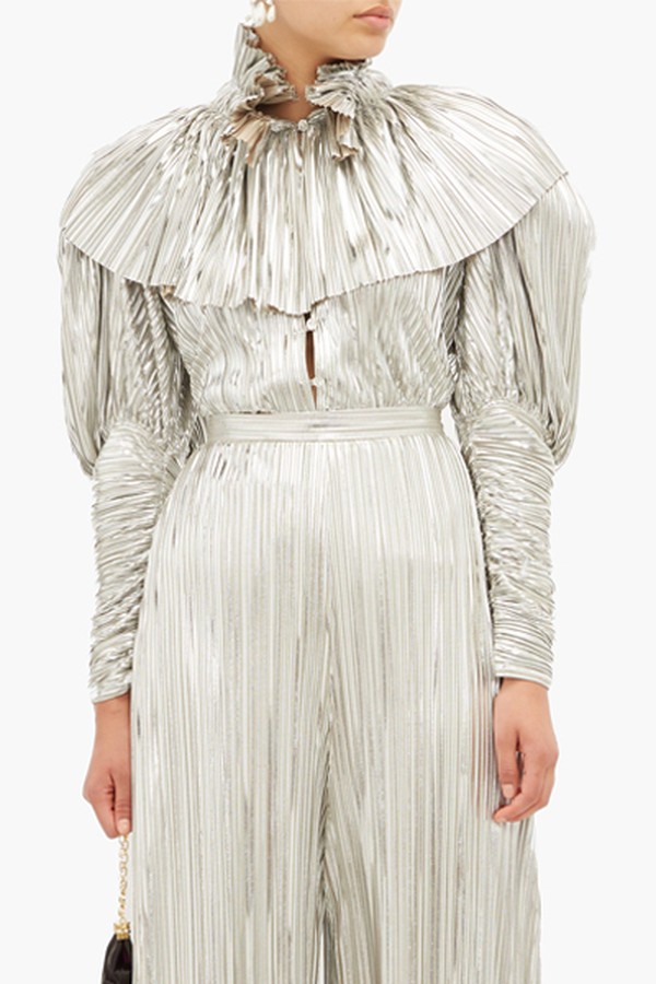 Crystal-Button Pleated Metallic Blouse from Rodarte