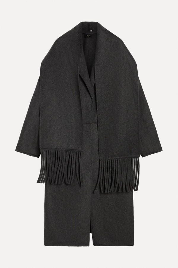 Wool Blend Fringed Scarf Formal Coat