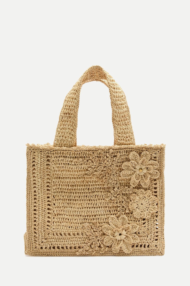 Mini Floral-Appliquéd Raffia Tote from Zimmermann
