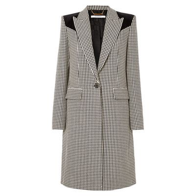 Velvet Paneled Houndstooth Wool Coat