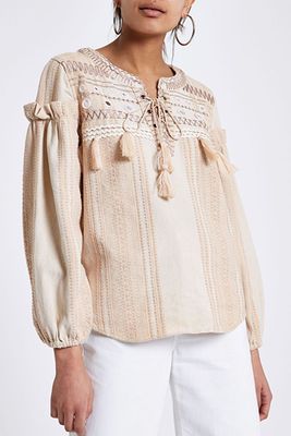 Cream Broderie Tie Neck Smock Top from River Island