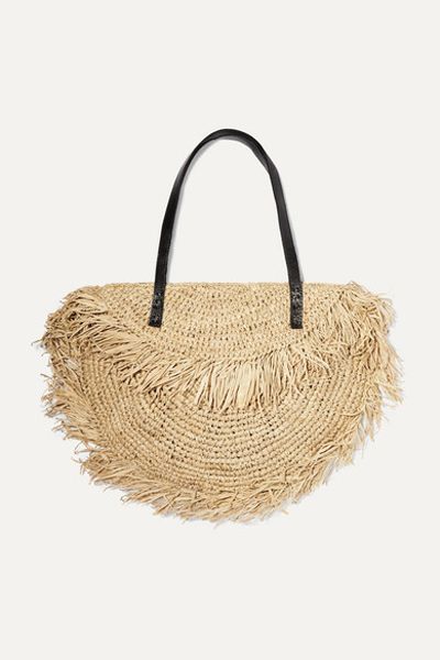 Monikha Leather-Trimmed Fringed Raffia Tote from Faithful The Brand