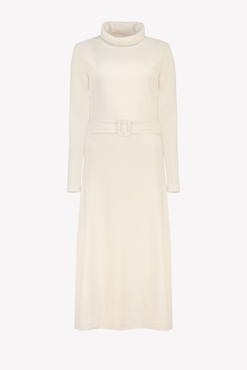 Cream High Neck Belted Dress