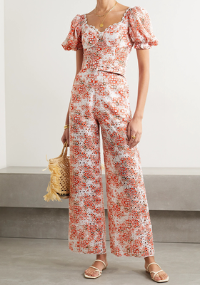 Belted Printed Broderie Anglaise Cotton-Blend Jumpsuit from Charo Ruiz