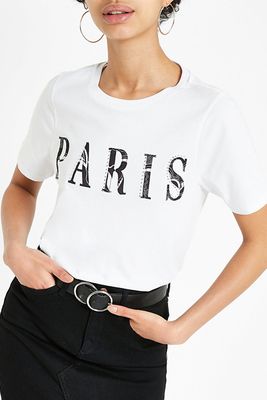White ‘Paris’ Heatseal Print Fitted T-Shirt
