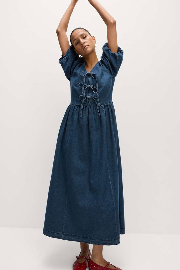 Denim V-Neck Tie Detail Midi Waisted Dress