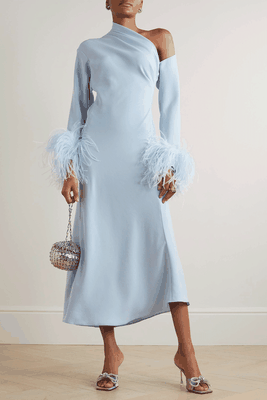 Adelaide One-Shoulder Feather-Trimmed Crepe Midi Dress from 16 Arlington