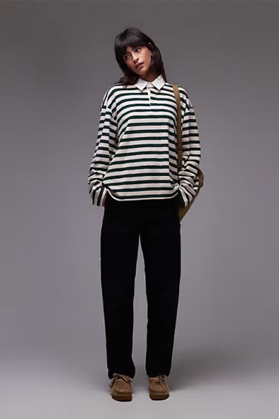 Towelling Stripe Long Sleeve Polo from Topshop