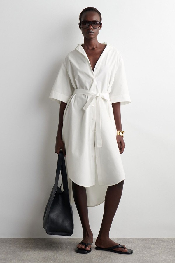 Belted Short-Sleeved Midi Shirt Dress