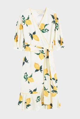 White Lemon Print Silk Wrap Dress from Chinti & Parker