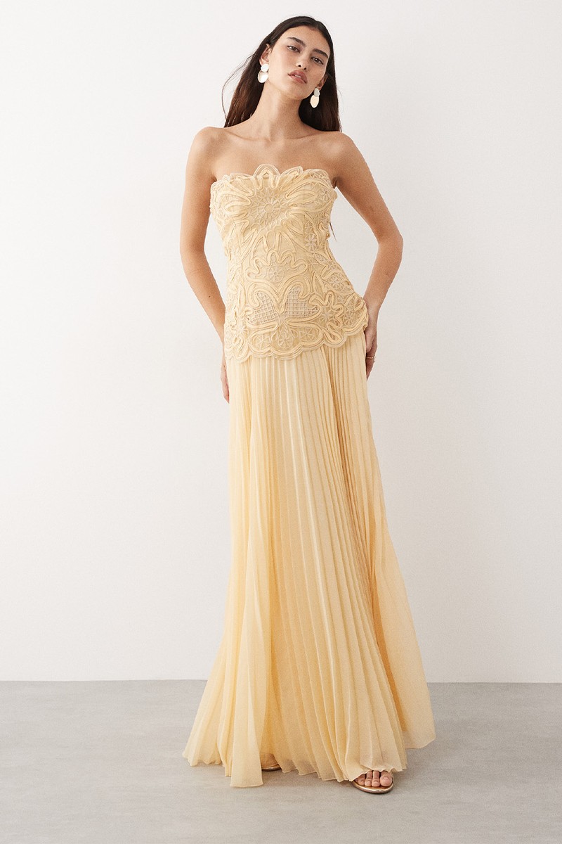 Abstract Cutwork Bandeau Maxi Dress With Pleat Skirt