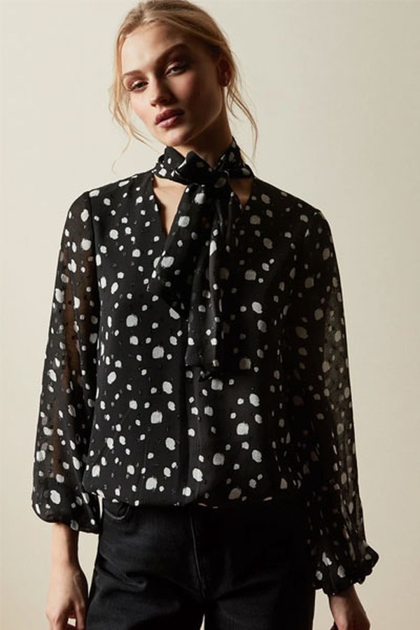 Polka Dot Top With Tie Neck Detail