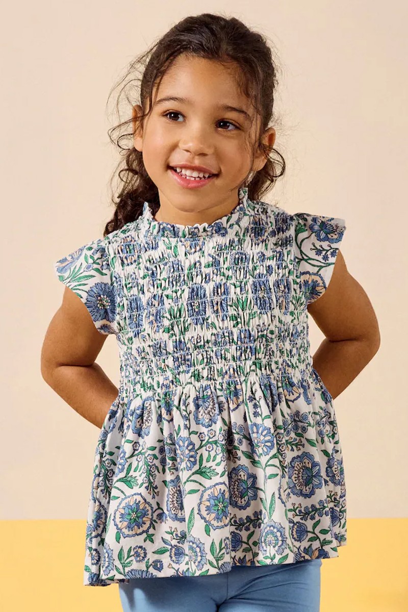 Gracie Blue Shirred Short Sleeve Top from Joules