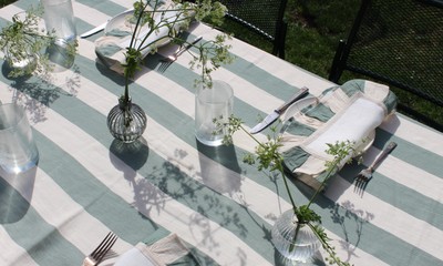 Sea Green Wide Stripe Tablecloth, £215 | Amuse La Bouche