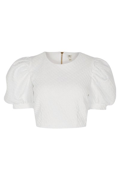 White Textured Short Puff Sleeve Cropped Top from River Island