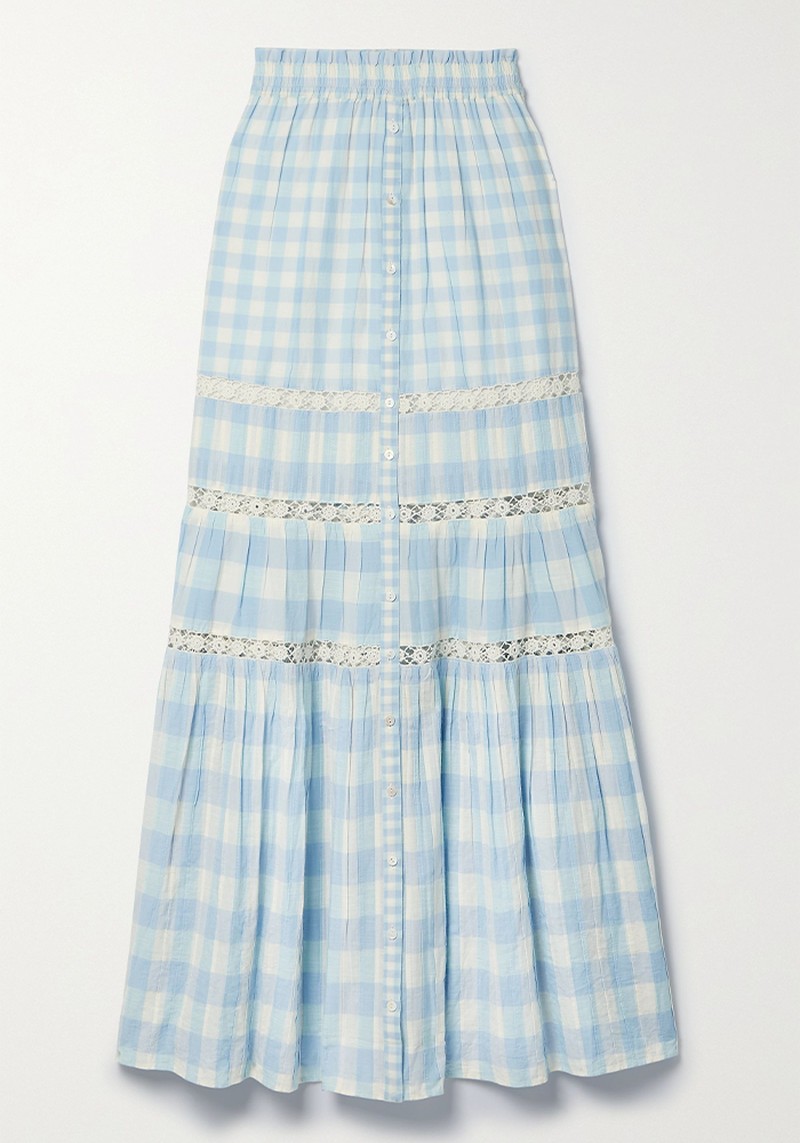 Bellarose Crochet-Trimmed Gingham Cotton-Voile Maxi Skirt from LoveShackFancy