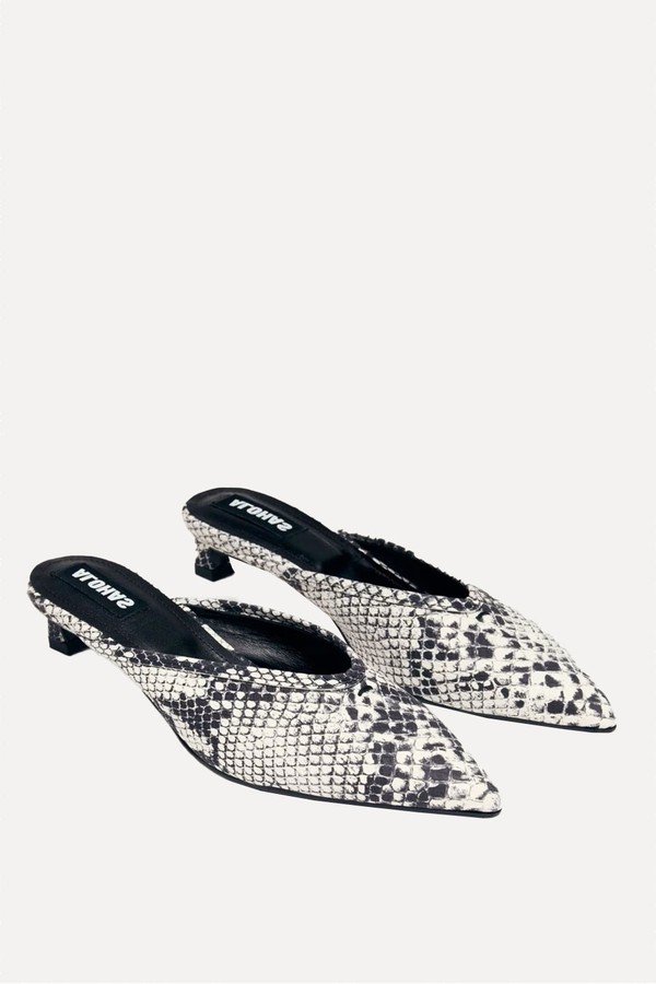 Tessa Leather Snake Print Pointed Mules from Alohas 