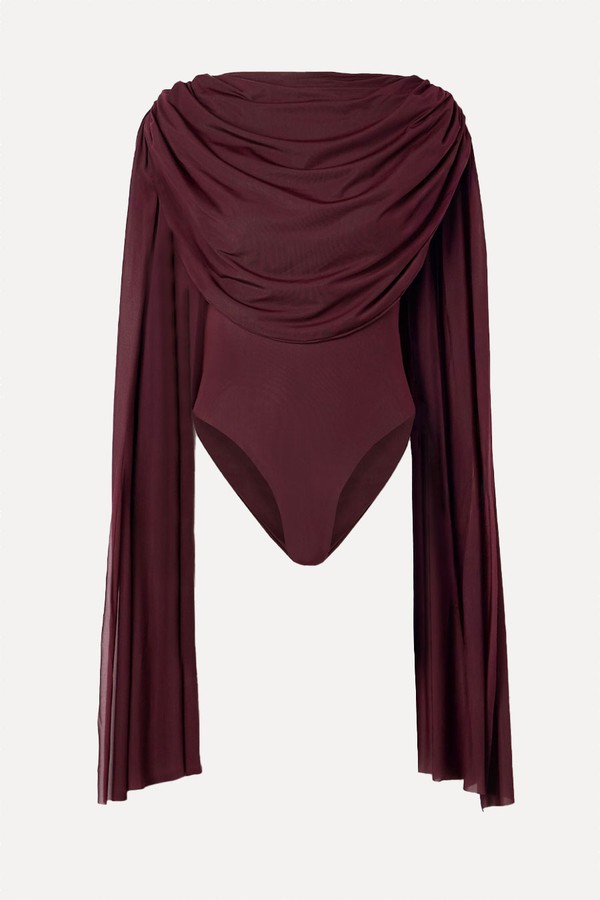 Burano Cape-Effect Draped Stretch-Jersey Bodysuit from Maygel Coronel