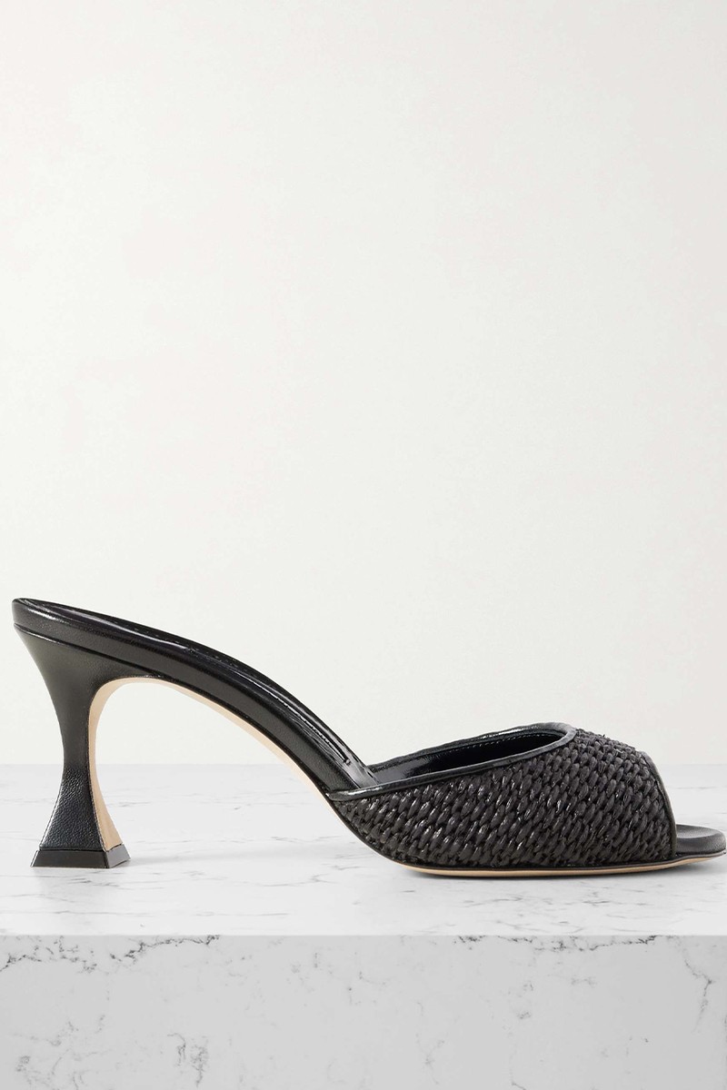 Jadara 70 Leather-Trimmed Raffia Mules from MANOLO BLAHNIK
