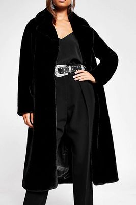 Black Faux Fur Robe Longline Coat