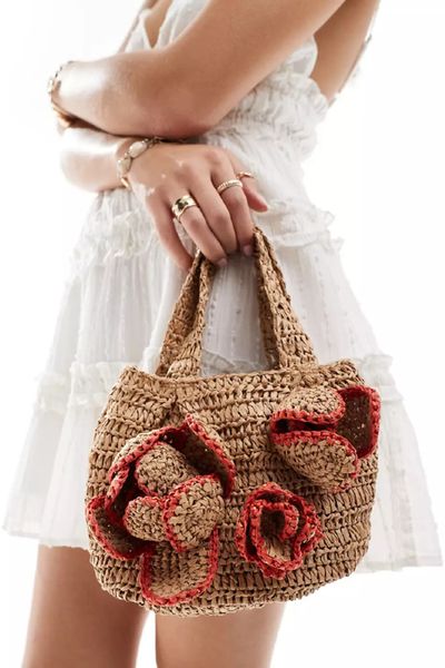 Straw Grab Bag With Corsage Detail 