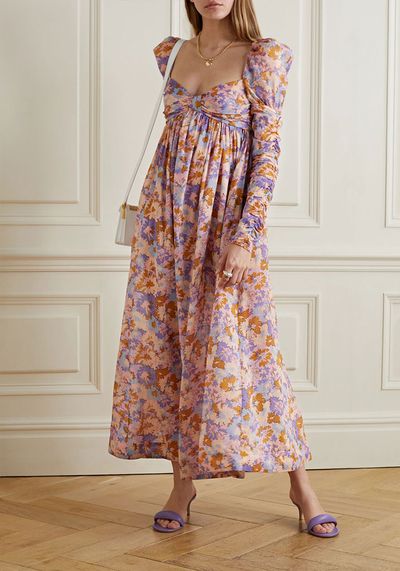 Violet Gathered Floral-Print Cotton Voile Maxi Dress