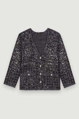 Sequinned Tweed-Effect Knit Cardigan from Maje