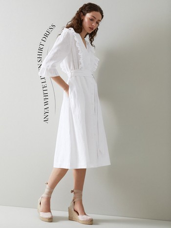 Anya White Linen Frill Detail Shirt Dress