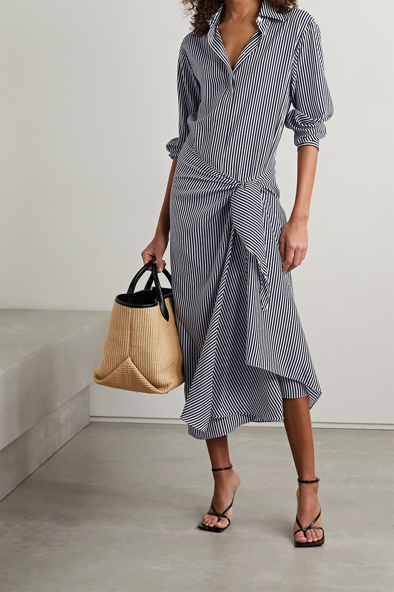 Tie-Front Striped Silk-Crepe Midi Shirt Dress from Michael Kors