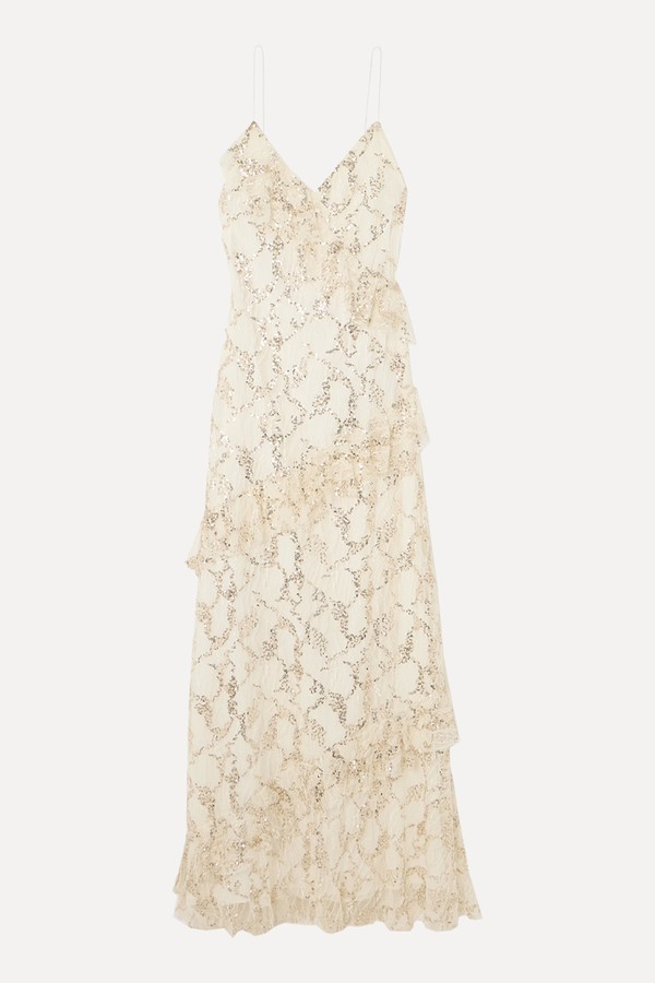 Kareen Ruffled Sequined Chantilly Lace Maxi Dress from LoveShackFancy