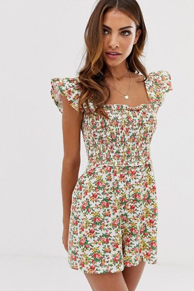 Petite Shirred Playsuit With Frill Sleeve from ASOS DESIGN